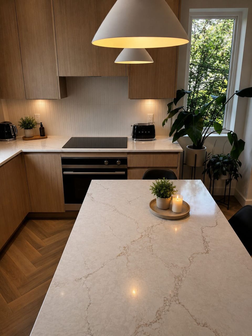 Open Plan Kitchen - view West 
Full appliances; SMEG kitchen small appliances