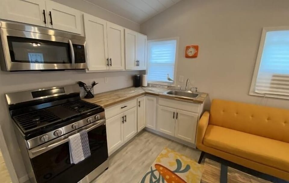 A clean, bright kitchen for morning coffee or simple meals.