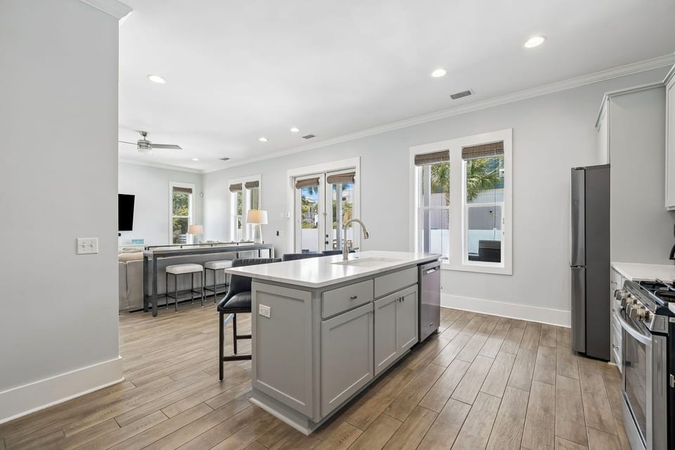 Kitchen and living areas flow together for big groups