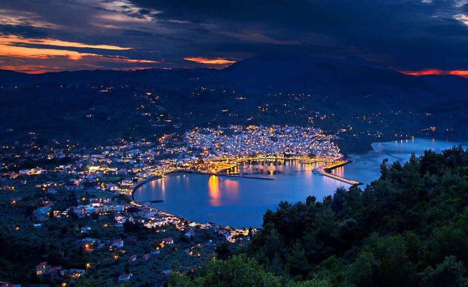 Skopelos town nighttime view