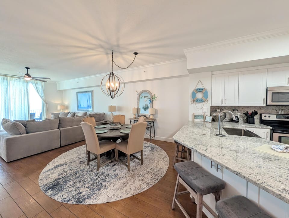 Expansive open-concept living, dining and kitchen