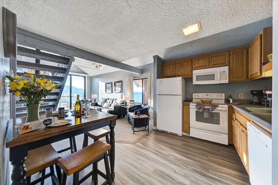 Open-concept view from the kitchen toward the living area