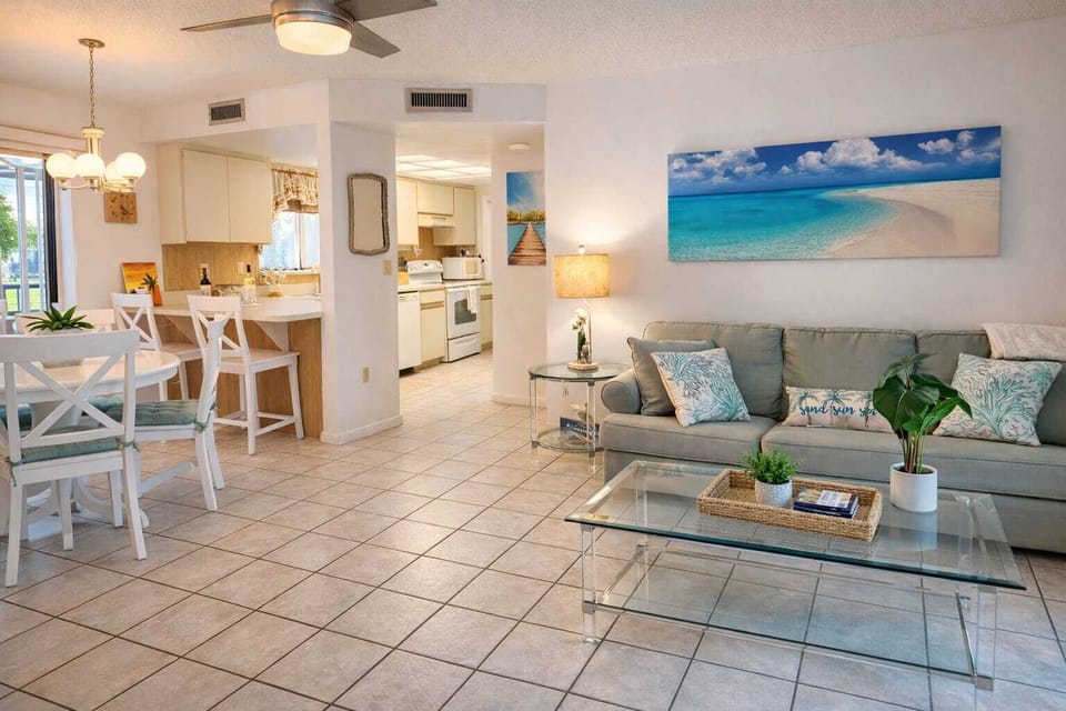 Bright coastal living room with open layout