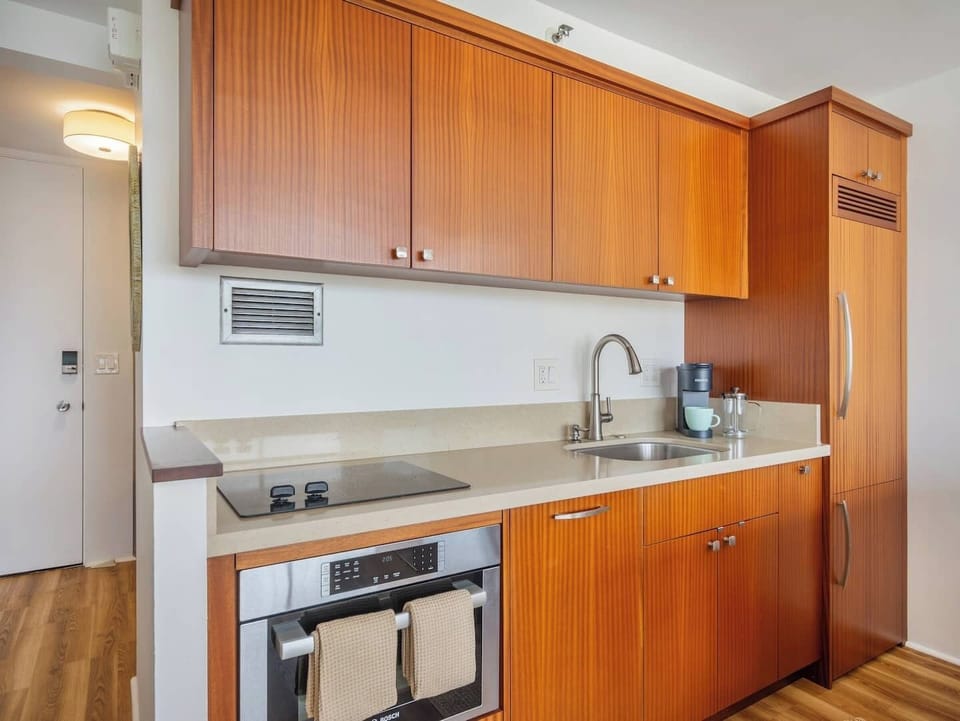 Kitchen has all the essentials you need for cooking.  Microwave/convection oven, fridge/freezer and dishwasher.