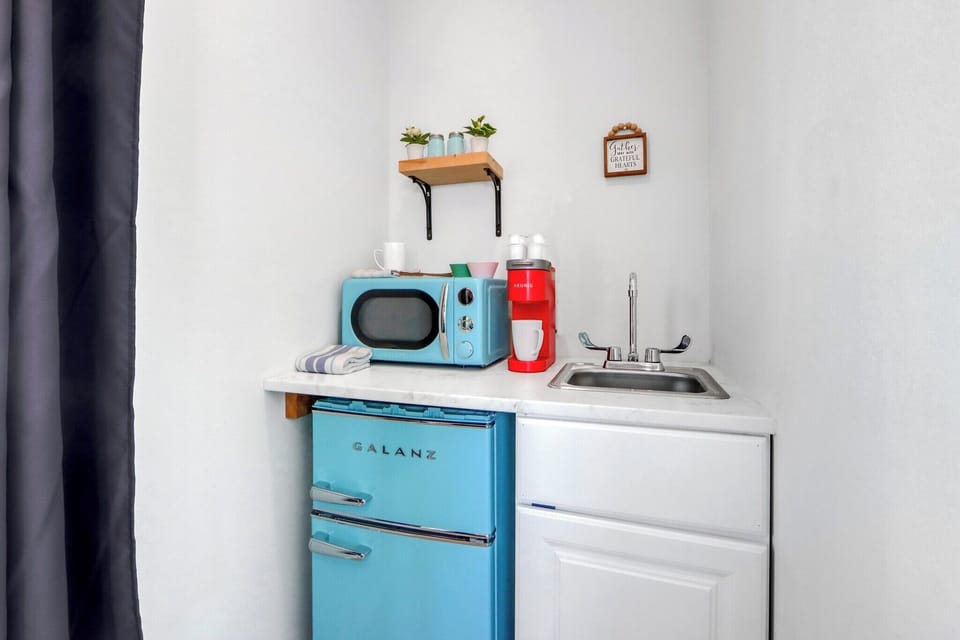 The kitchenette features a mini fridge and microwave