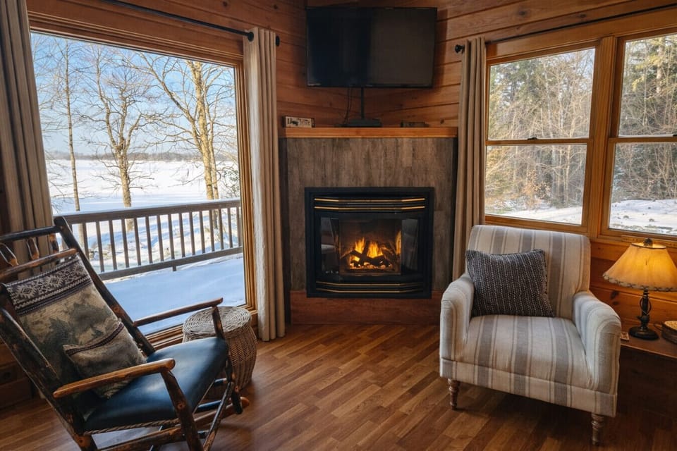 Cozy fireplace with comfortable seating.