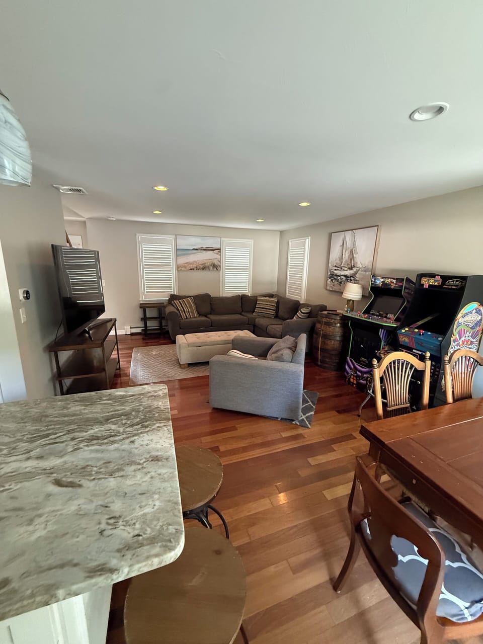 Unwind in your spacious living area with comfortable seating and elegant hardwood floors that invite relaxation after your adventures.