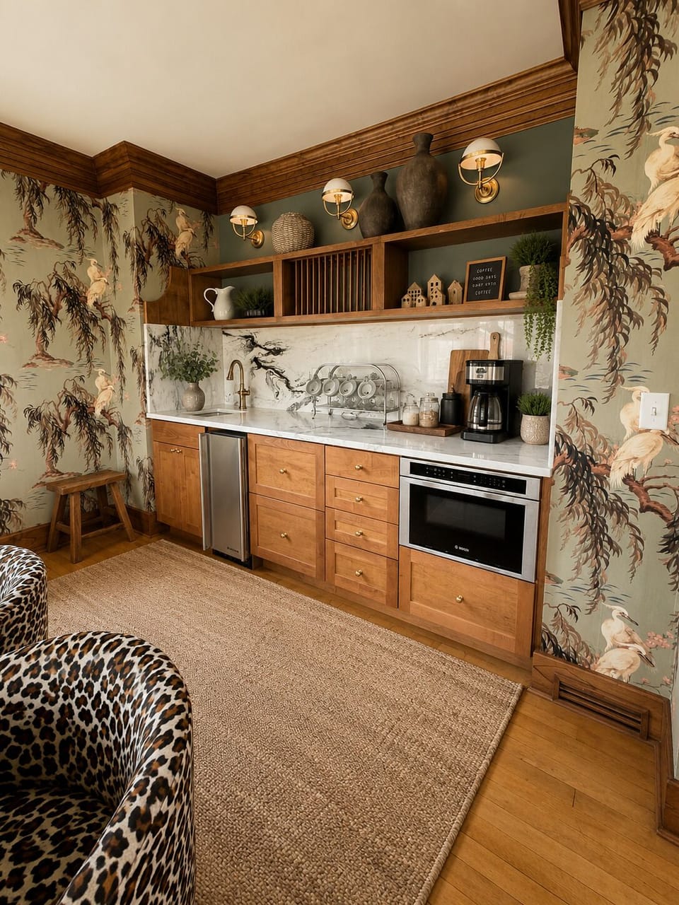 Part of the dining room gathering space, this convenient beverage station features a pebble ice maker, microwave, refrigerator and freezer drawers, coffee station, and extra prep space. Perfect for drinks, snacks, and keeping groups comfortably supplied.