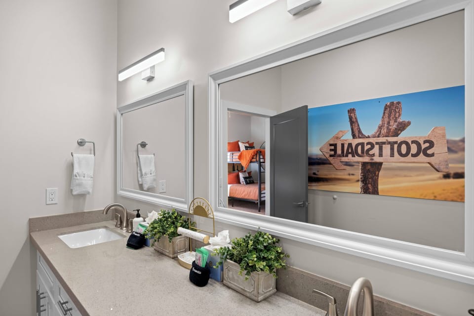 Bright vanity with double mirrors and clean, modern bathroom design ✨
