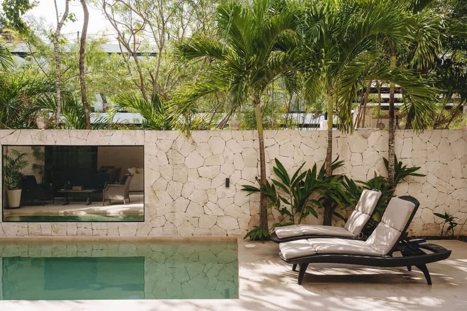 Unique pool design. Beautiful stone wall with a mirror.