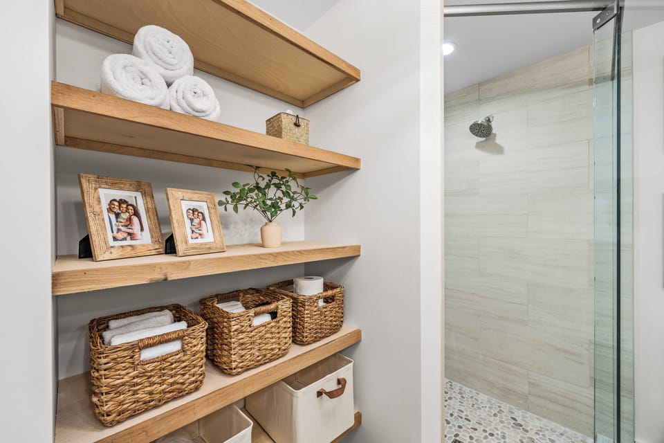 Keep essentials organized on these stylish floating wood shelves