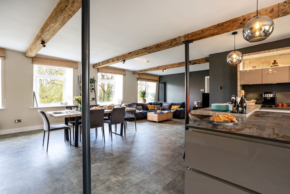 Open plan living space at Upper Riverside Mill, Lake District