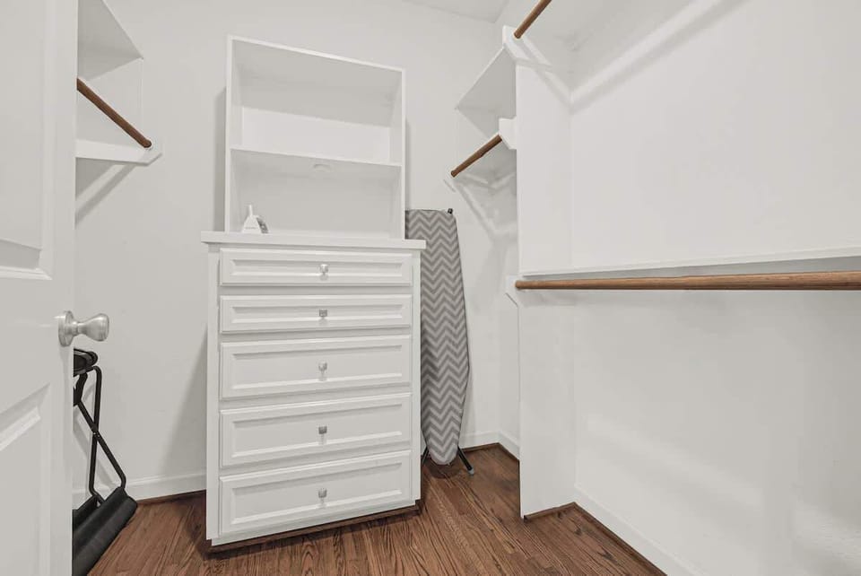 Spacious walk in closet with plenty of room for luggage, clothes, and storage during your stay.