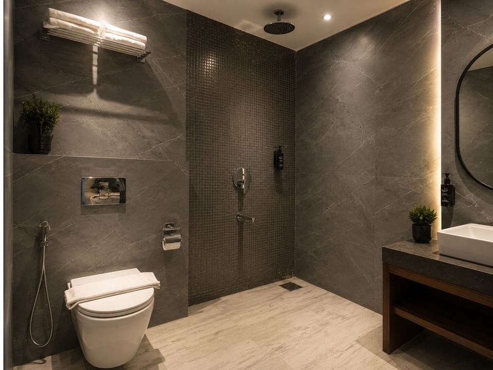 Noventa Comfort Room | Bathroom | Shower, rainfall showerhead, towels, soap