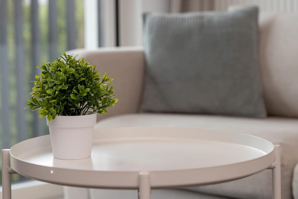 A small round coffee table with a decorative potted plant placed in front of a blurred sofa background, emphasizing a simple interior detail.