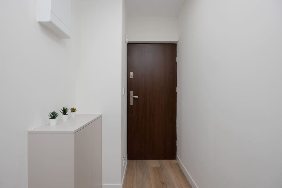 The entryway is clean and simple, featuring a white cabinet for storage and a solid dark wood door. This functional space offers a tidy first impression upon entering the apartment.
