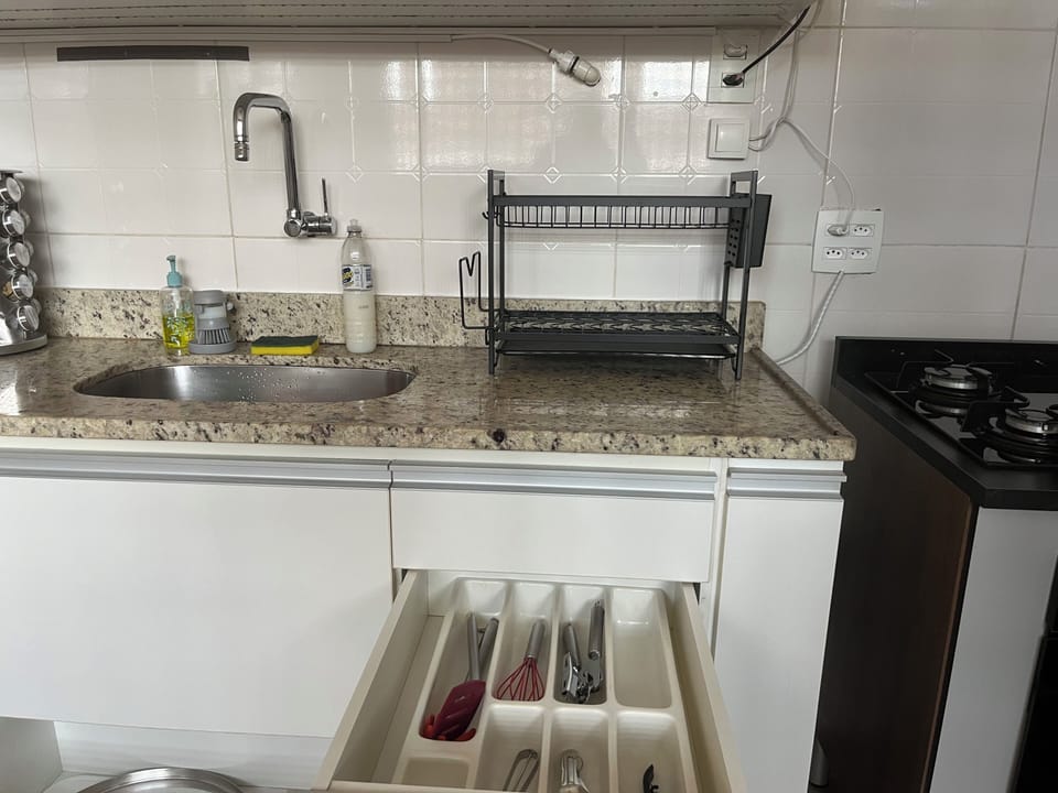 Mini-fridge, microwave, oven, cookware/dishes/utensils