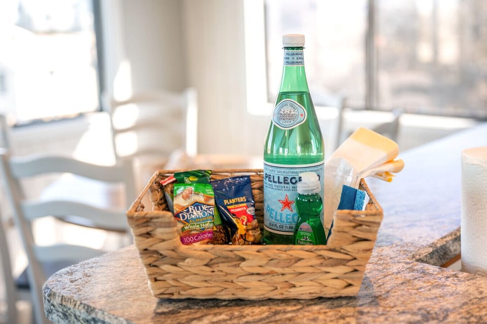 Welcome basket w/ snacks & drinks, a thoughtful touch for your arrival
