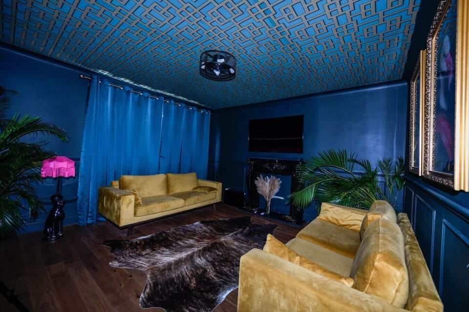 The living space is set up with two yellow sofas, blue curtaining to one side, potted plants, and a wall-mounted TV within the dark-painted room.