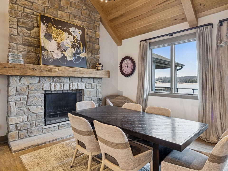 Dining table next to the fireplace