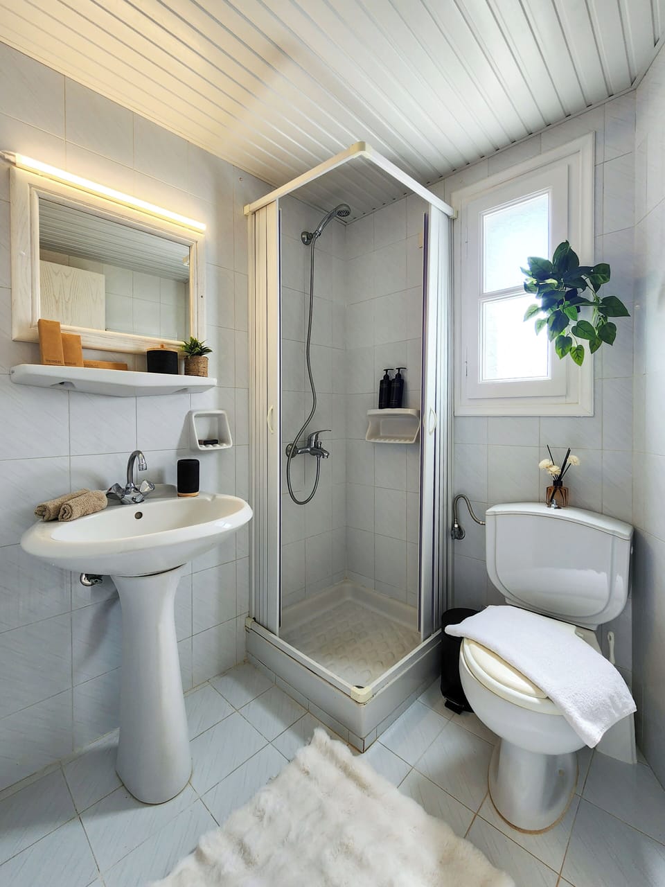 Shower, towels, soap, shampoo