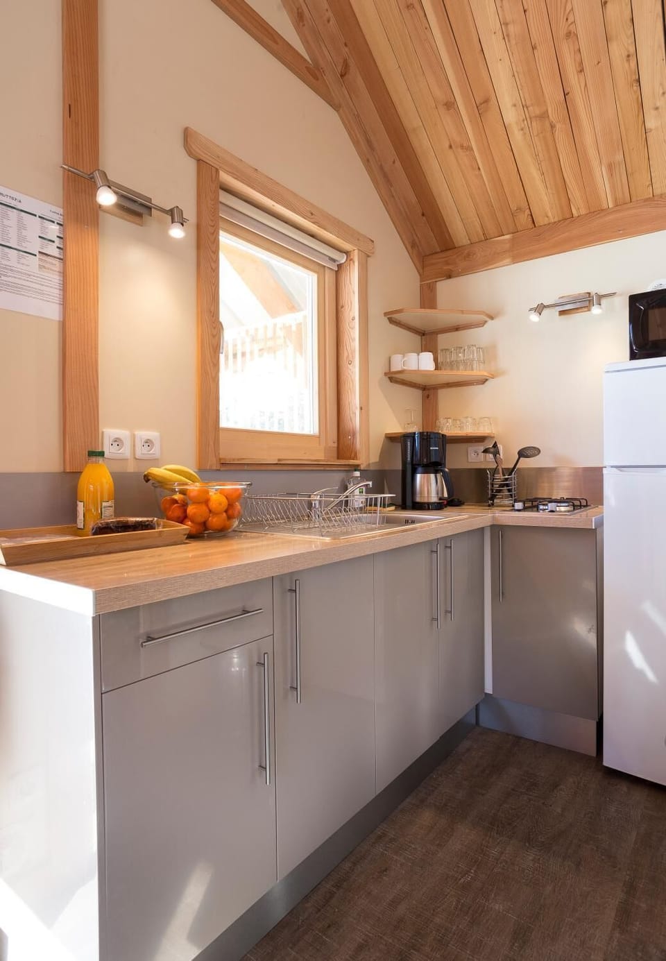 Fridge, microwave, stovetop, cookware/dishes/utensils