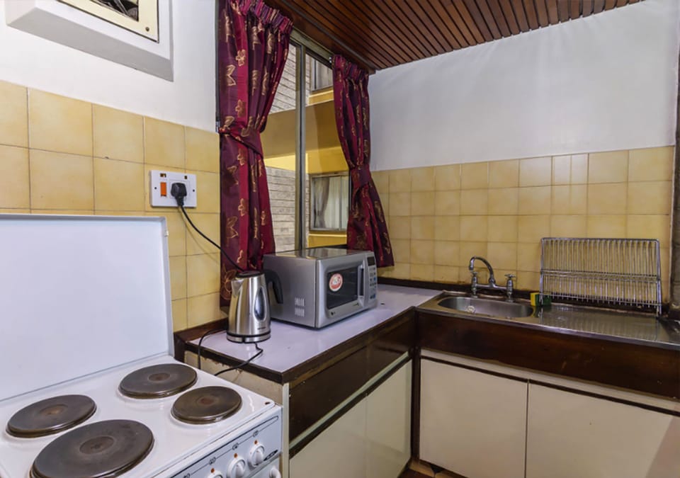 Fridge, microwave, coffee/tea maker, cookware/dishes/utensils