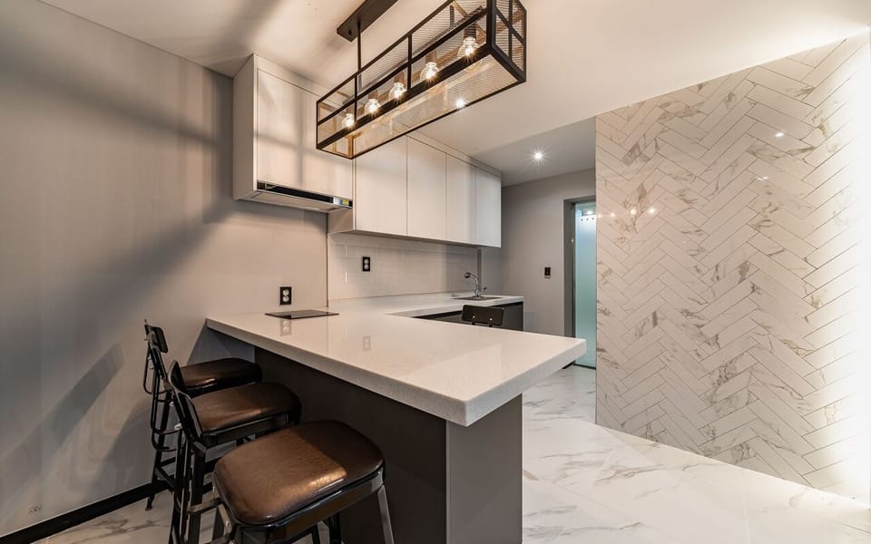 Mini-fridge, microwave, electric kettle, dining tables
