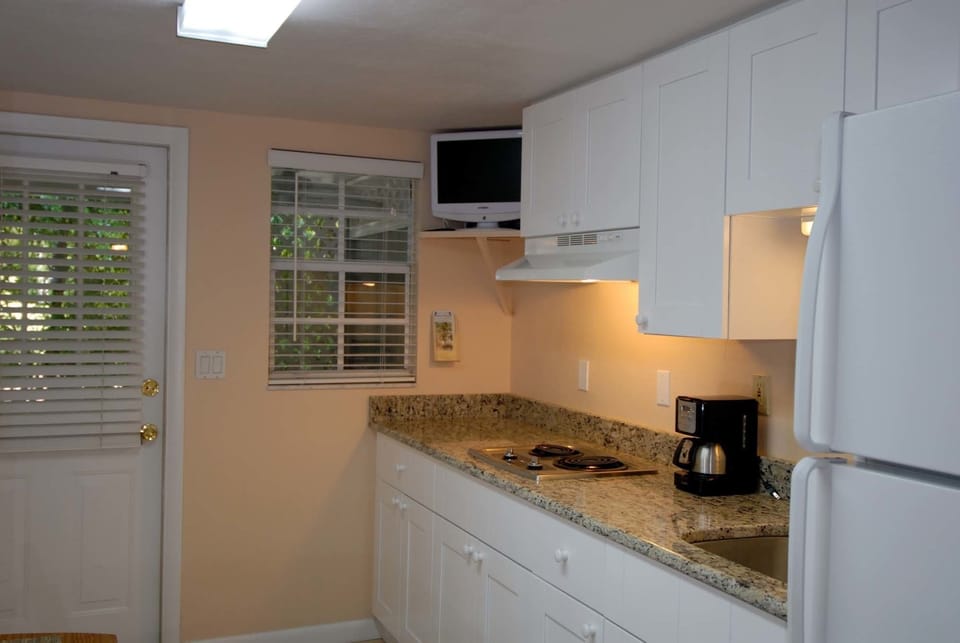 Cottage 1A, Studio | Private kitchen | Full-size fridge, microwave, stovetop, coffee/tea maker