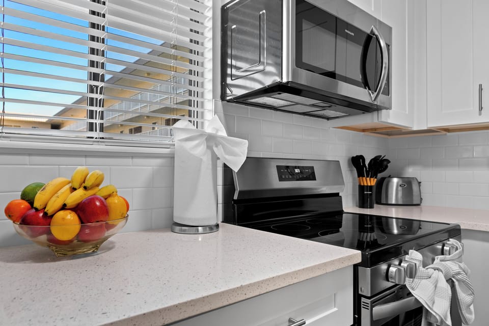 Cooking is a breeze in our modern kitchen with all the appliances and utensils