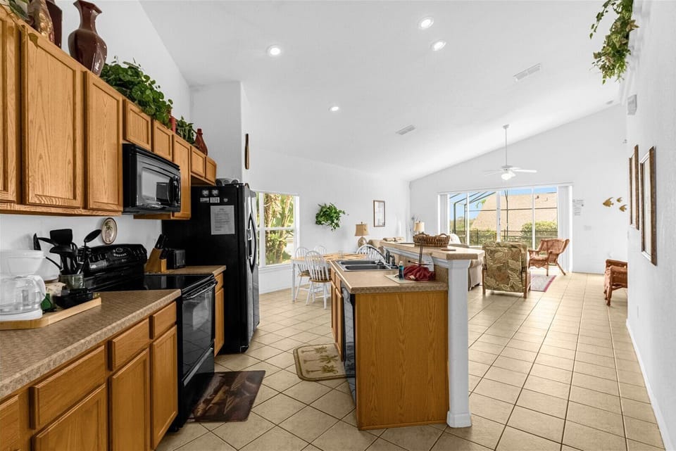 Kitchen Side View with Living Room in Background