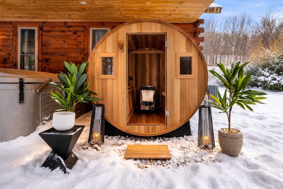Relax the day away in your own private outdoor sauna next to the covered hot tub