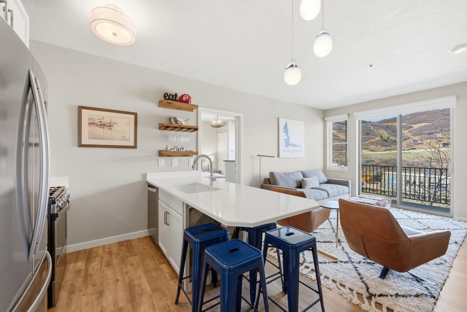 kitchen with counter dining and views of deer valley