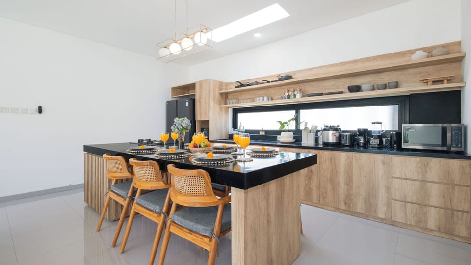 Villa, Pool View | Private kitchen | Fridge, microwave, stovetop, highchair