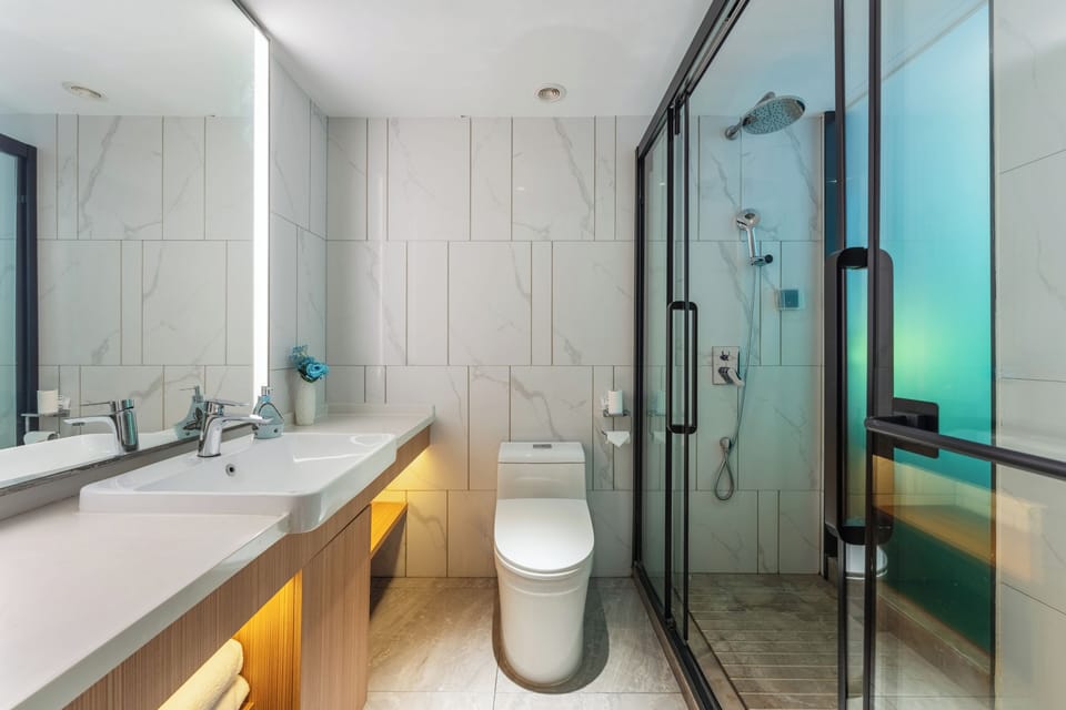 Deluxe Double Room, City View | Bathroom | Shower, hydromassage showerhead, free toiletries, hair dryer