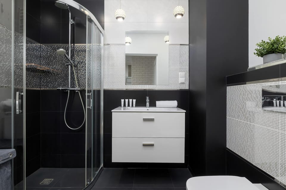 The bathroom layout is shown in full, including the toilet, vanity unit, and part of the shower. The monochromatic color scheme looks very clean and high-end.