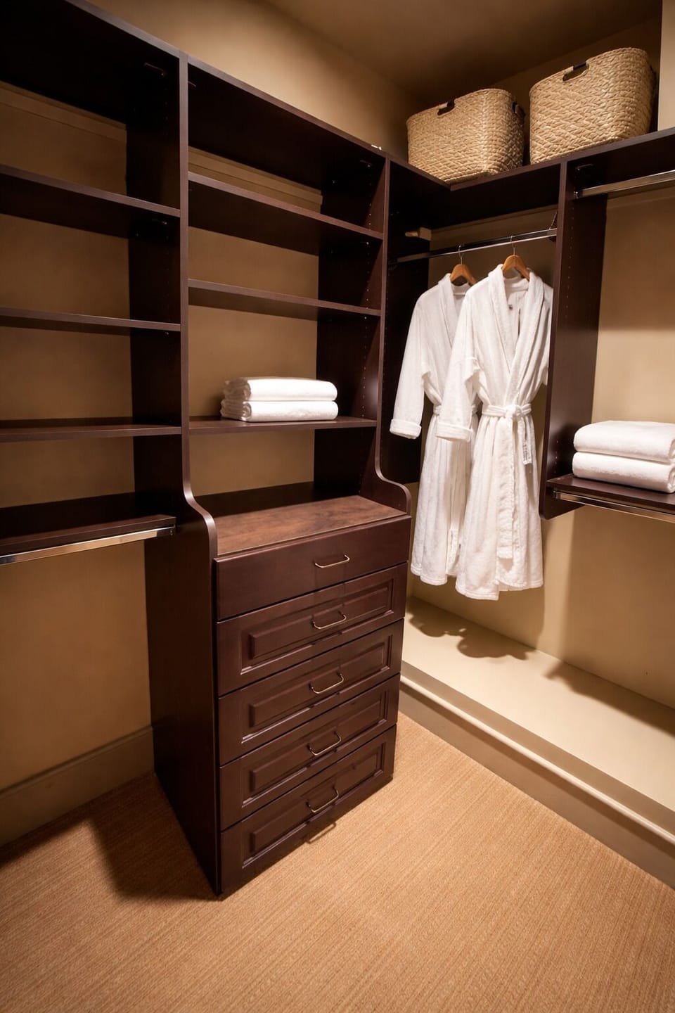 Enjoy ample storage with a large walk-in closet featuring built-in shelving, drawers, and plenty of space for extended stays.