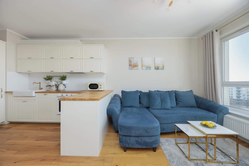 An open-plan space combining a kitchen and living area, with a blue sofa and a small kitchen island.