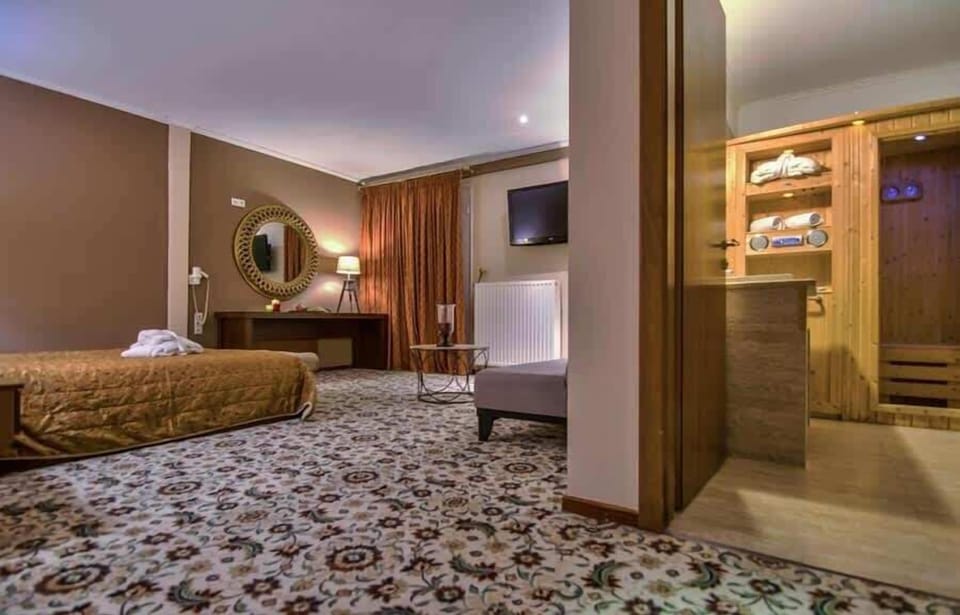 Open-plan suite layout with bedroom, lounge space and private bathroom