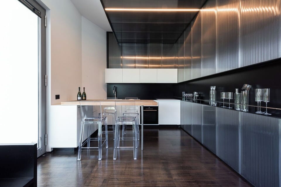Interior Design, Furniture, Flooring, Kitchen, Ceiling, Floor, Lighting, Countertop, Chair, Kitchen Appliance