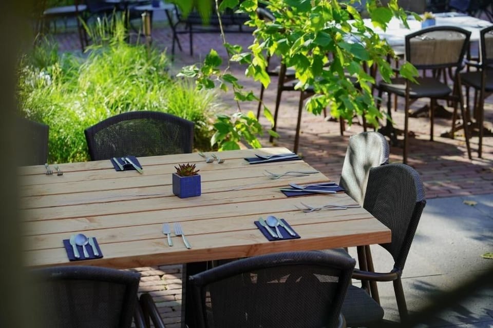 Sip wine outdoors at a sunlit table under leafy shade.