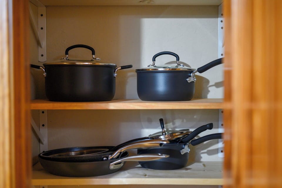 Pots and pans, bakeware, dishes and utensils are there to make meal prep simple.
