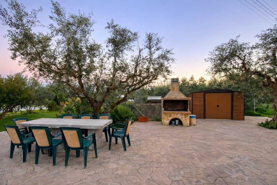 Spacious Outdoor Patio with Dining Table and Olive Trees