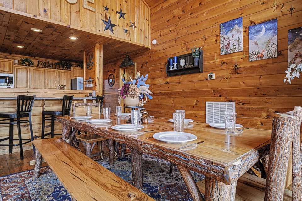 Gather around this stunning log dining table where your group creates lasting memories over hearty meals and laughter.