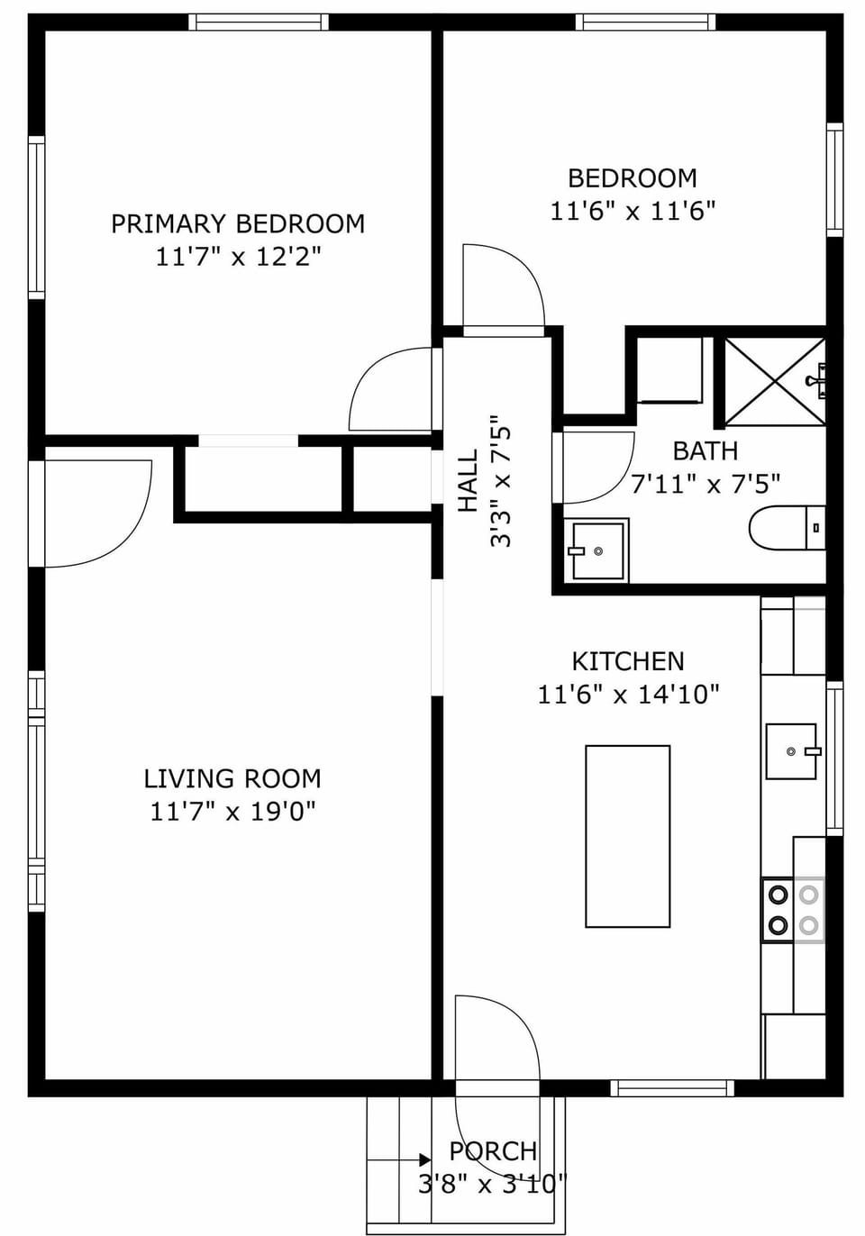 This detailed floor plan shows your home's thoughtful layout with two bedrooms, a full bath, and spacious living areas.