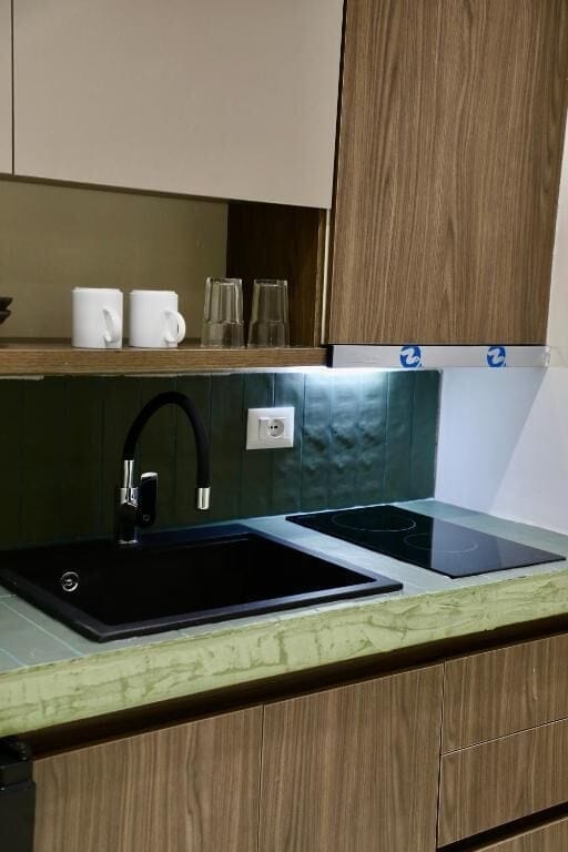 Mini-fridge, stovetop, electric kettle, toaster
