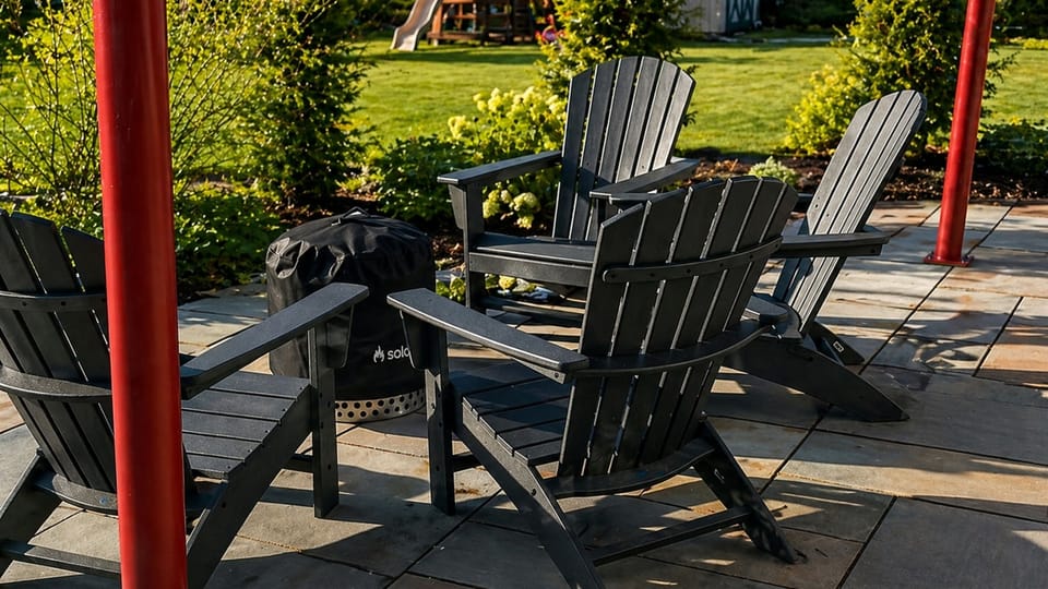 Black Adirondack chairs on the outdoor area