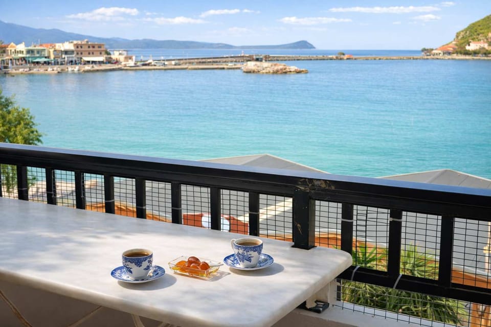 The Myrtoan Sea and the Monemvasia rock from the balcony on a clear summer day.