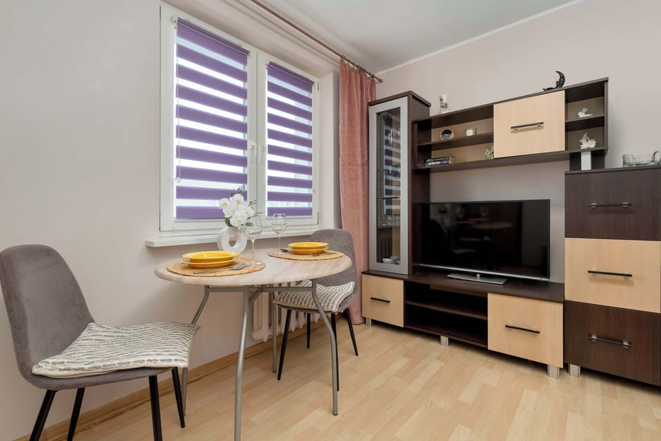A combined living and dining space with a wall unit. Furniture is simple and functional.