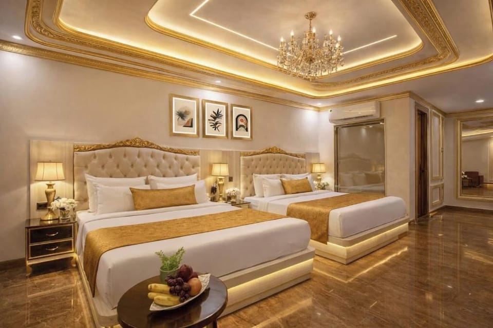 Premium bedding, desk, laptop workspace, soundproofing